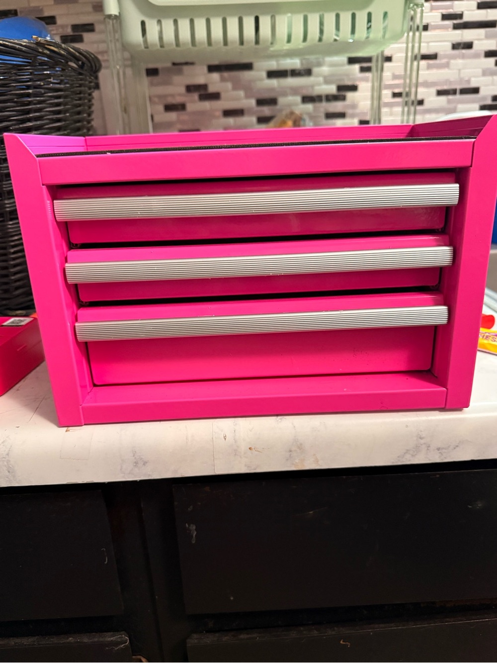 Mini Pink Metal 3-Drawer Desktop Tool Box Organizer Chest